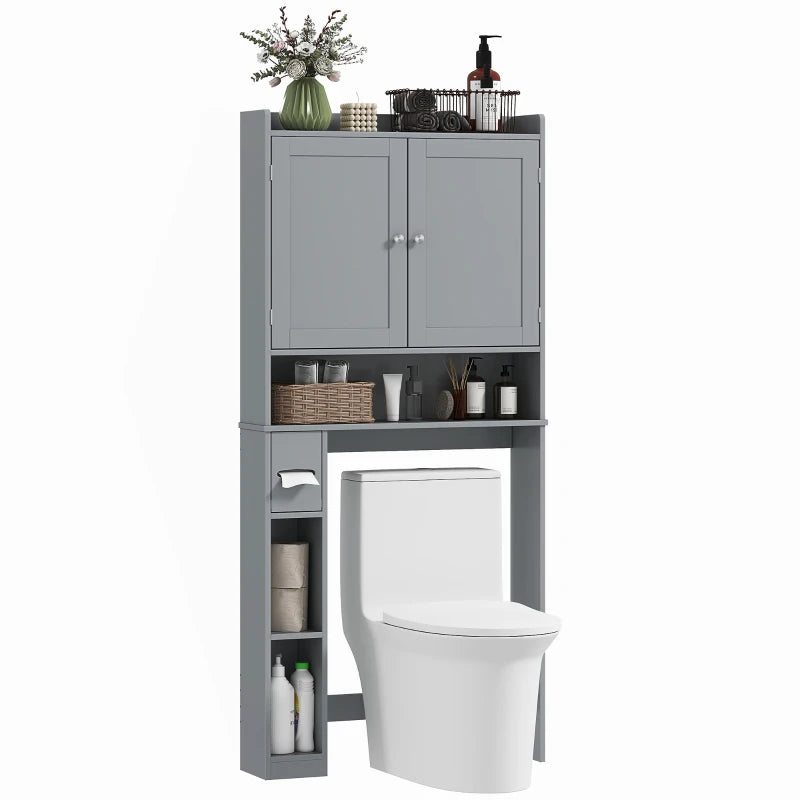 Modern Over the Toilet Storage Cabinet with 2 Doors, Above Commode Storage Cabinet with Toilet Paper Holder, Grey