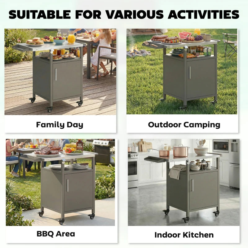 Outdoor Grill Cart with Steel top, Pizza Oven Stand with Cabinet, Spice Rack, Towel Holder, Bottle Opener, Brown