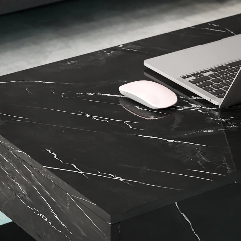 Coffee Table with Adjustable LED Lights, Center Table with 2 Drawers, Open Shelf, Remote, High Gloss Marble-Effect Black