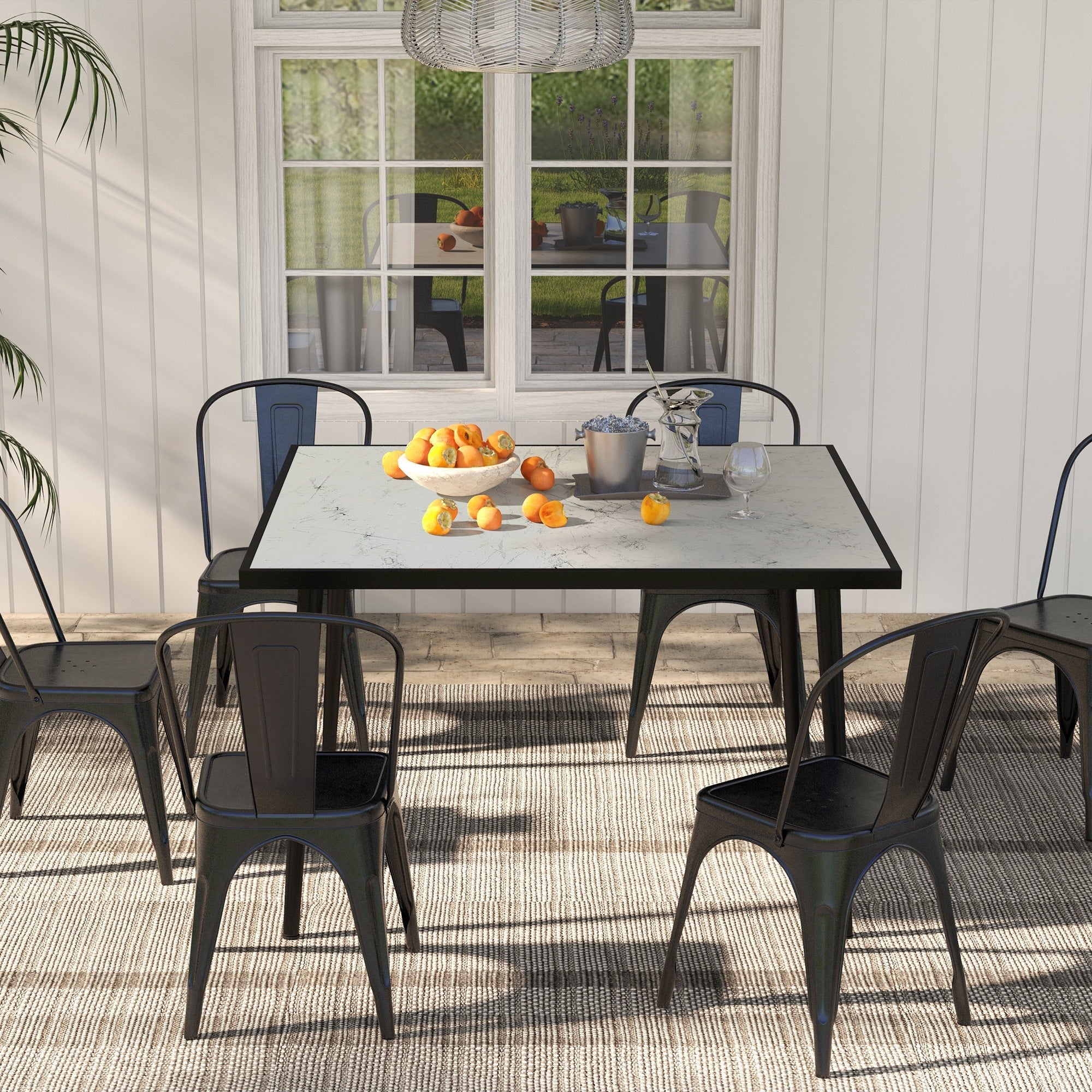Outsunny Outdoor Dining Table for 4, Square Patio Dining Table with Marble Effect Tempered Glass Top and Steel Frame, White 