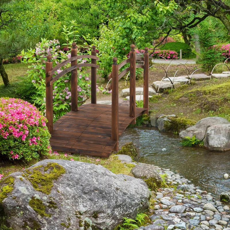 7.5' Fir Wood Garden Bridge Arc Walkway with Side Railings, for Backyards, Gardens, & Streams, Tan