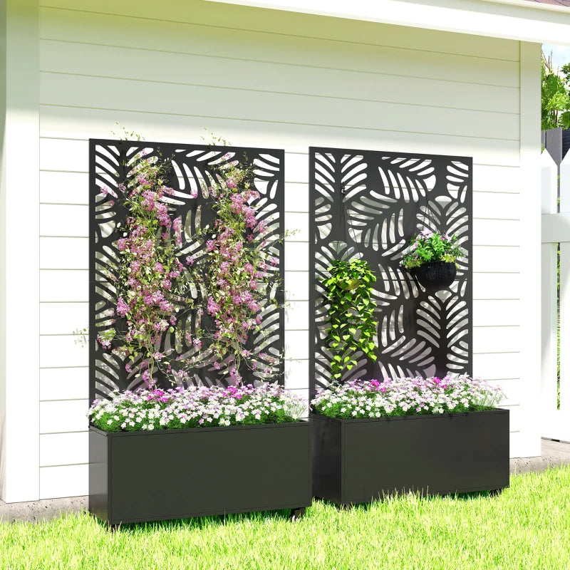 Metal Planter Box with Trellis, Raised Garden Bed with Monstera Leaf Cut-Out Privacy Screen and Wheels
