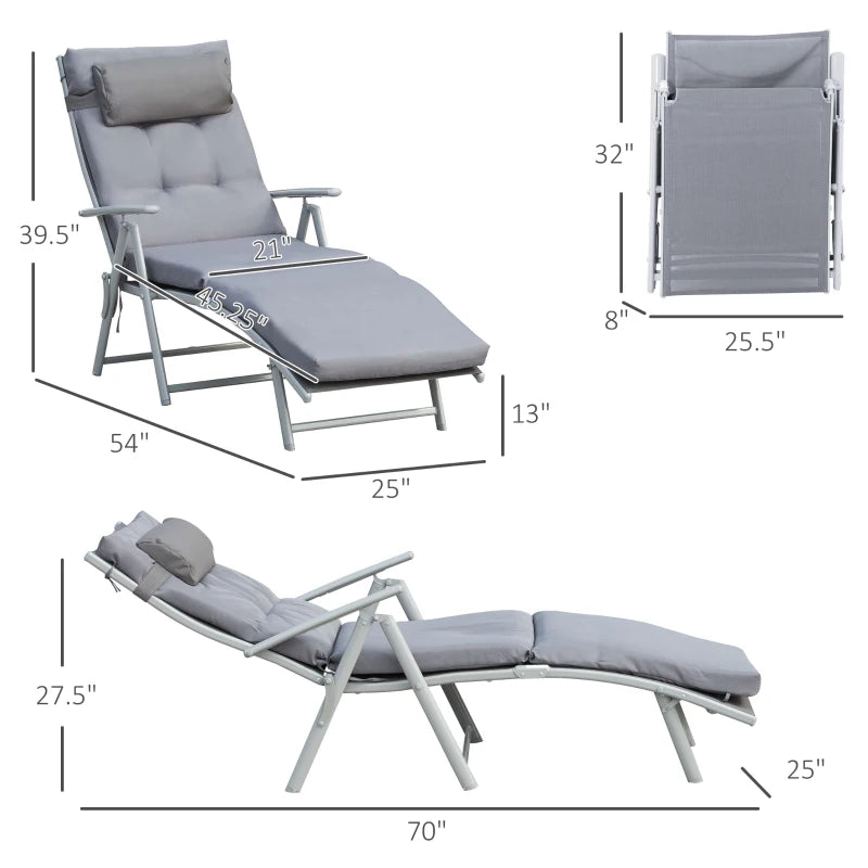 Outdoor Folding Chaise Lounge Chair Recliner with Portable Design, Adjustable Backrest, Cushion and Headrest, Grey
