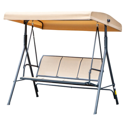 Outsunny 3-Seater Swing Chair Covered Garden Hammock A-Frame Outdoor Porch Glider Sling Seat with Adjustable Canopy Cover, Beige 