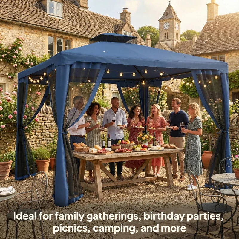 9.6' x 9.6' Patio Gazebo Outdoor Pavilion 2 Tire Roof Canopy Shelter Garden, Steel Frame w/ Mosquito Netting, Dark Blue