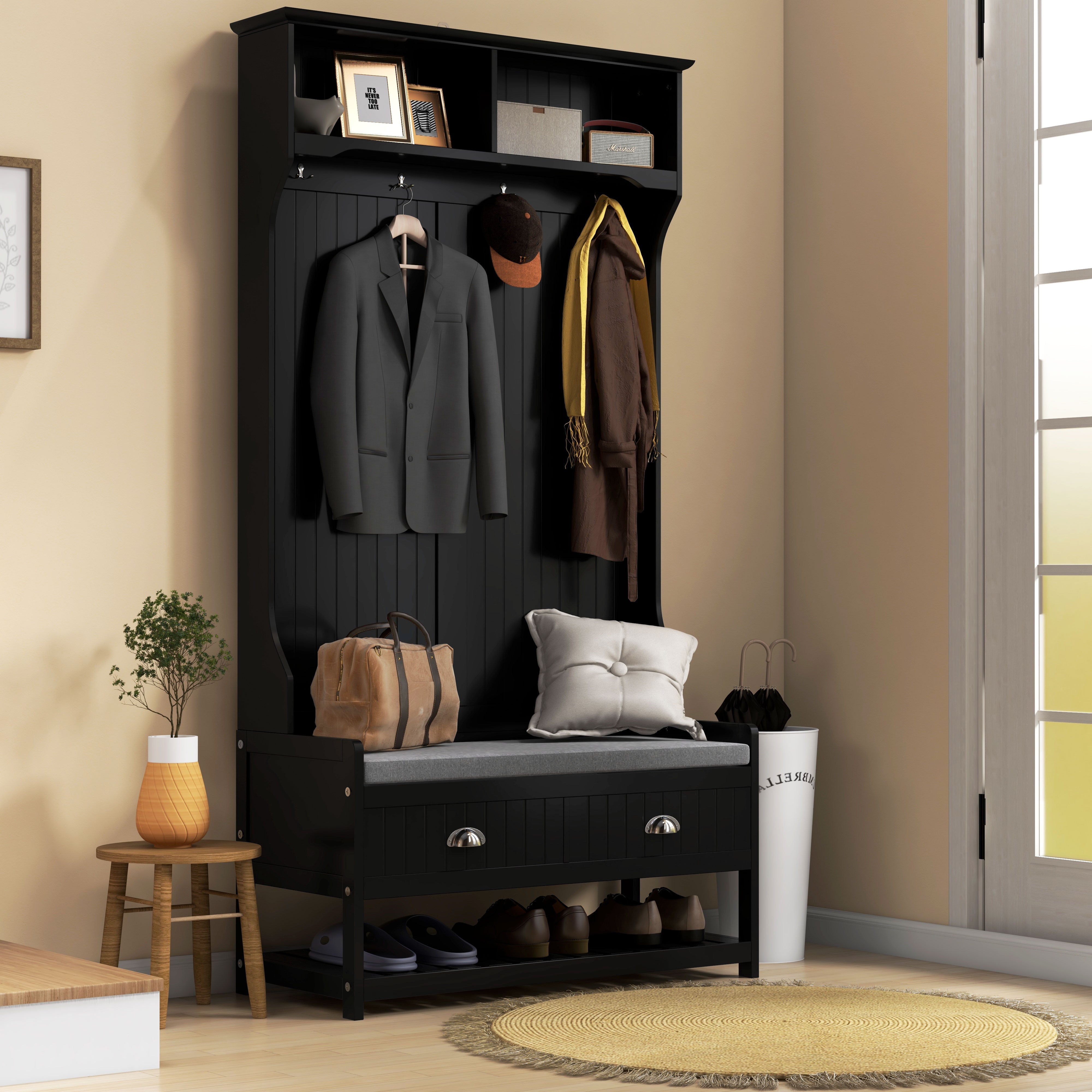 HOMCOM Coat Rack Shoe Bench, Hall Tree with Bench and Shoe Storage, Entryway Bench with 4 Hooks, 2 Drawers, 2 Shelves, Black 