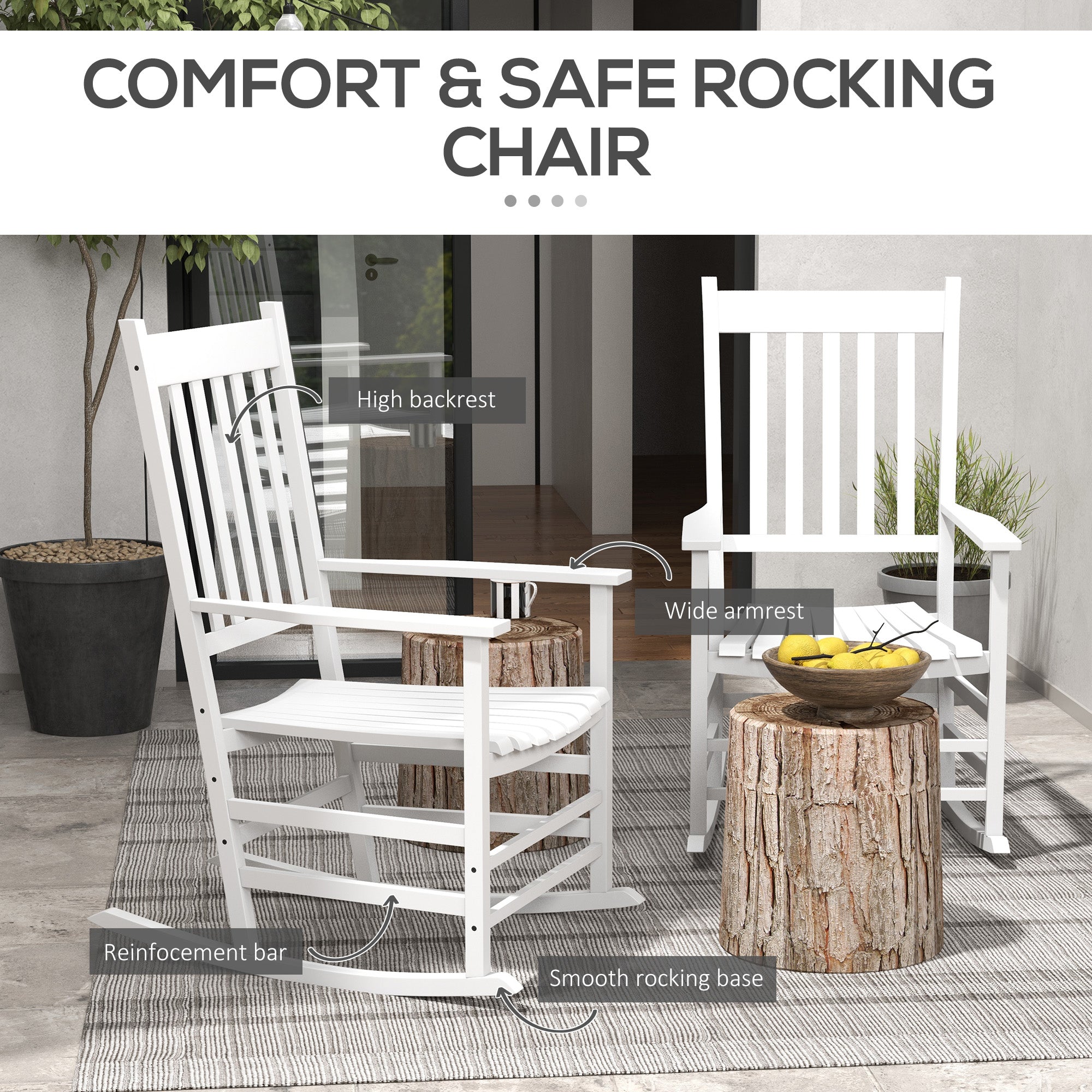 Outsunny Wooden Patio Rocking Chairs Set of 2, Outdoor Rocker Chairs with Wide Armrests, High Back for Garden, Balcony, White 