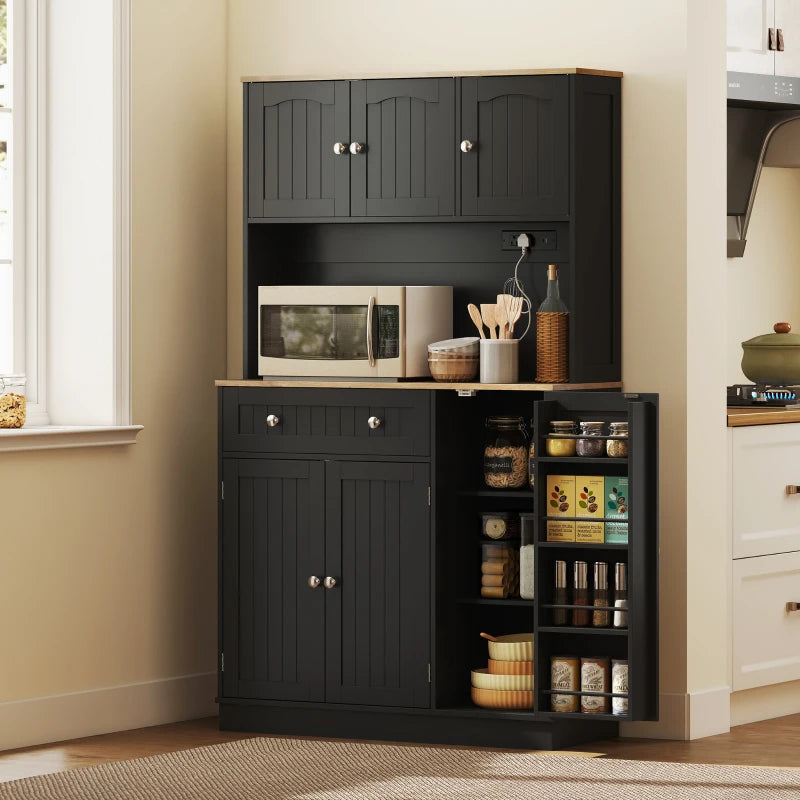 68" Pantry Cabinet with Charging Station, Kitchen Storage Cabinet with Microwave Stand, 4 Door Racks, Black