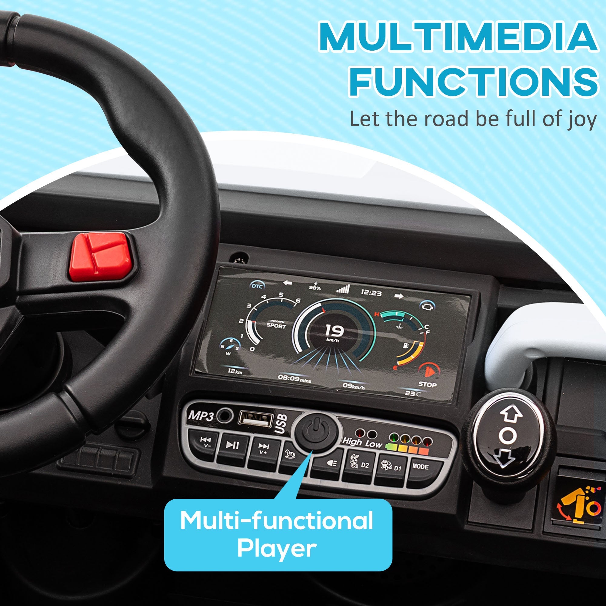 Aosom 12V Ride-On Car 2-Seater Electric Bucket Shovel Remote Control Spring Suspension Horn Music White 