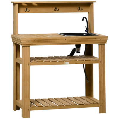 Outsunny Outdoor Potting Bench Table with Faucet, Removable Sink, Hooks and Storage Shelves, Wood Work Bench Workstation 