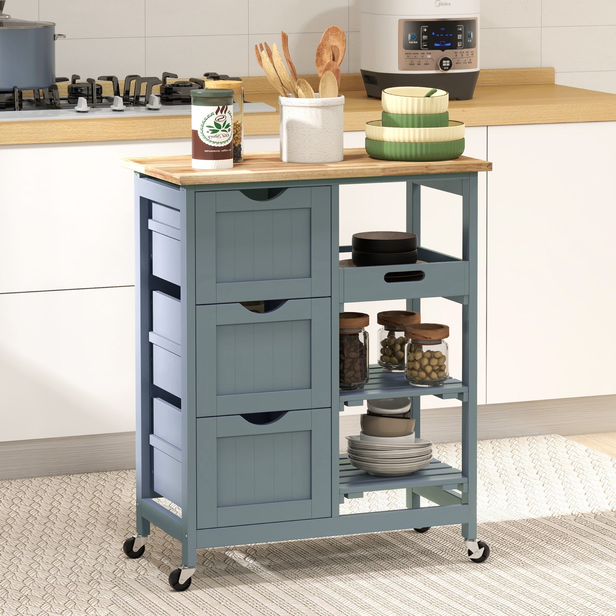 HOMCOM Grey Rolling Utility Cart: Kitchen Island on Wheels with Wood Top, 3 Drawers & Shelves for Dining Rooms 