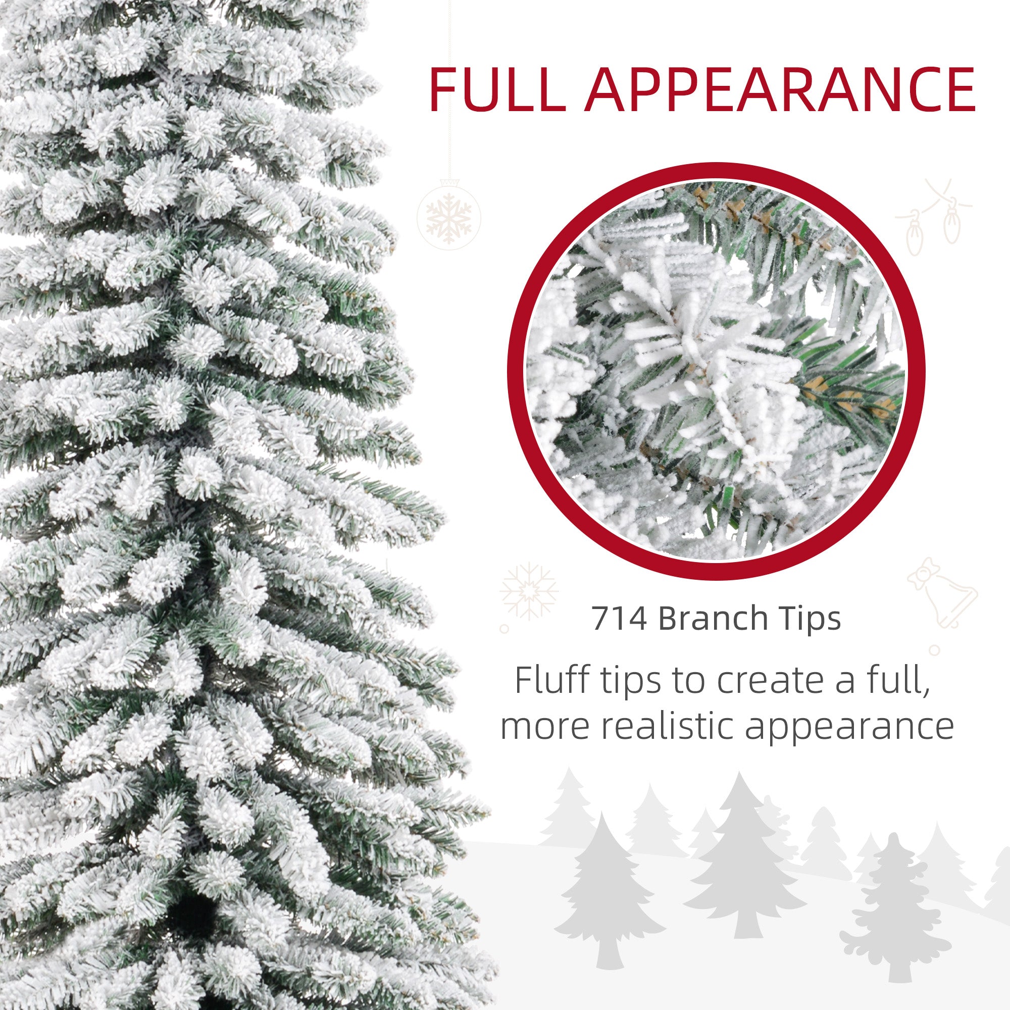 HOMCOM 9ft Snow-Flocked Artificial Christmas Tree, Slim Pencil Xmas Tree with 714 Realistic Branches, Metal Base, Green 