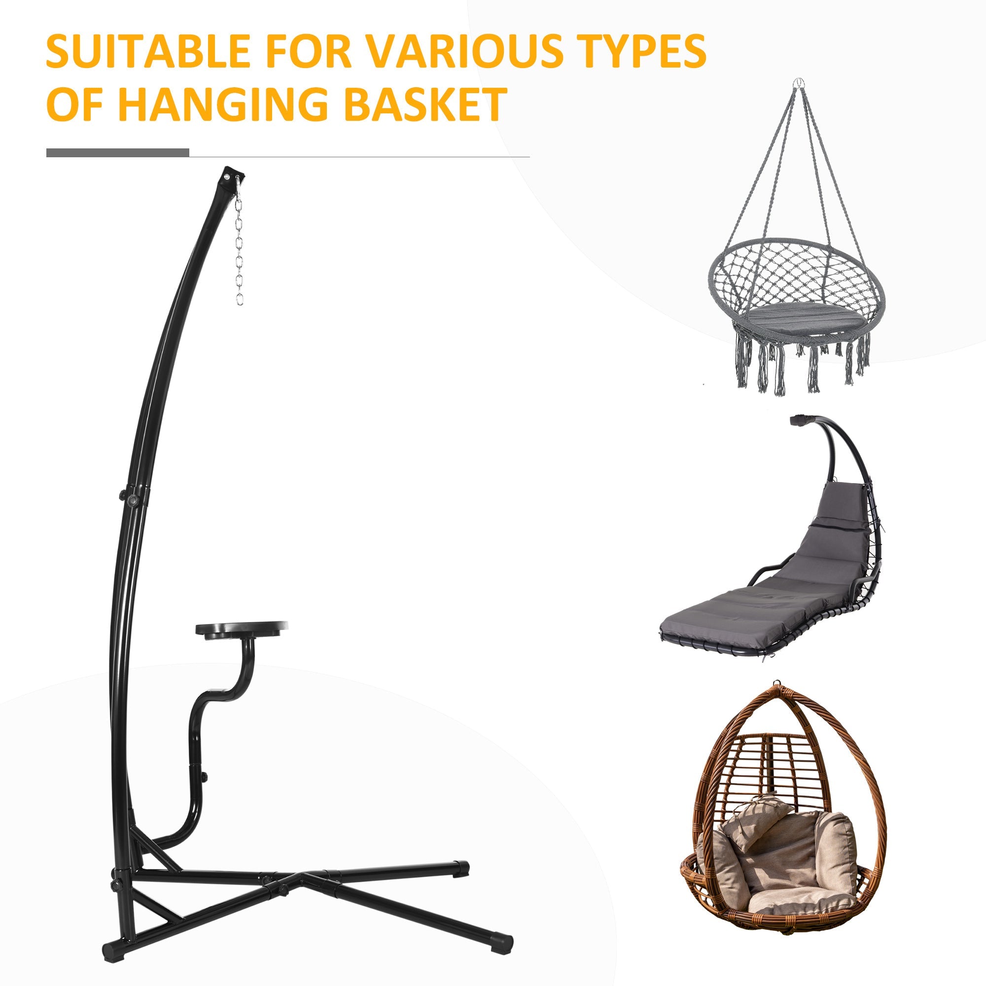 Outsunny Hammock Chair Metal C-Stand - Durable Stand Only for Hanging Chairs, Includes Tray, Ideal for Indoor/Outdoor Use, Black 