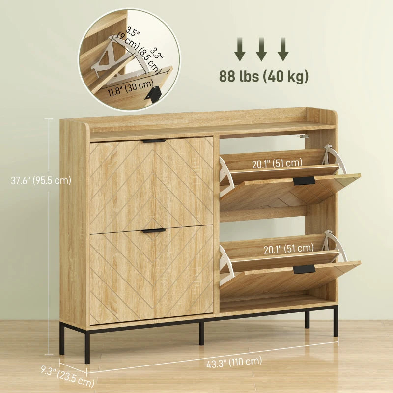 Narrow Shoe Storage Cabinet, Modern Slim Shoe Cabinet with 4 Flip Drawers, 16 Pairs of Shoes for Hallway, Entryway, Oak