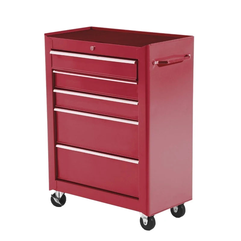 5-Drawer Rolling Tool Cabinet on Wheels, Lockable Tool Chest, Tool Organizer for Garage, Factory and Workshop, Red