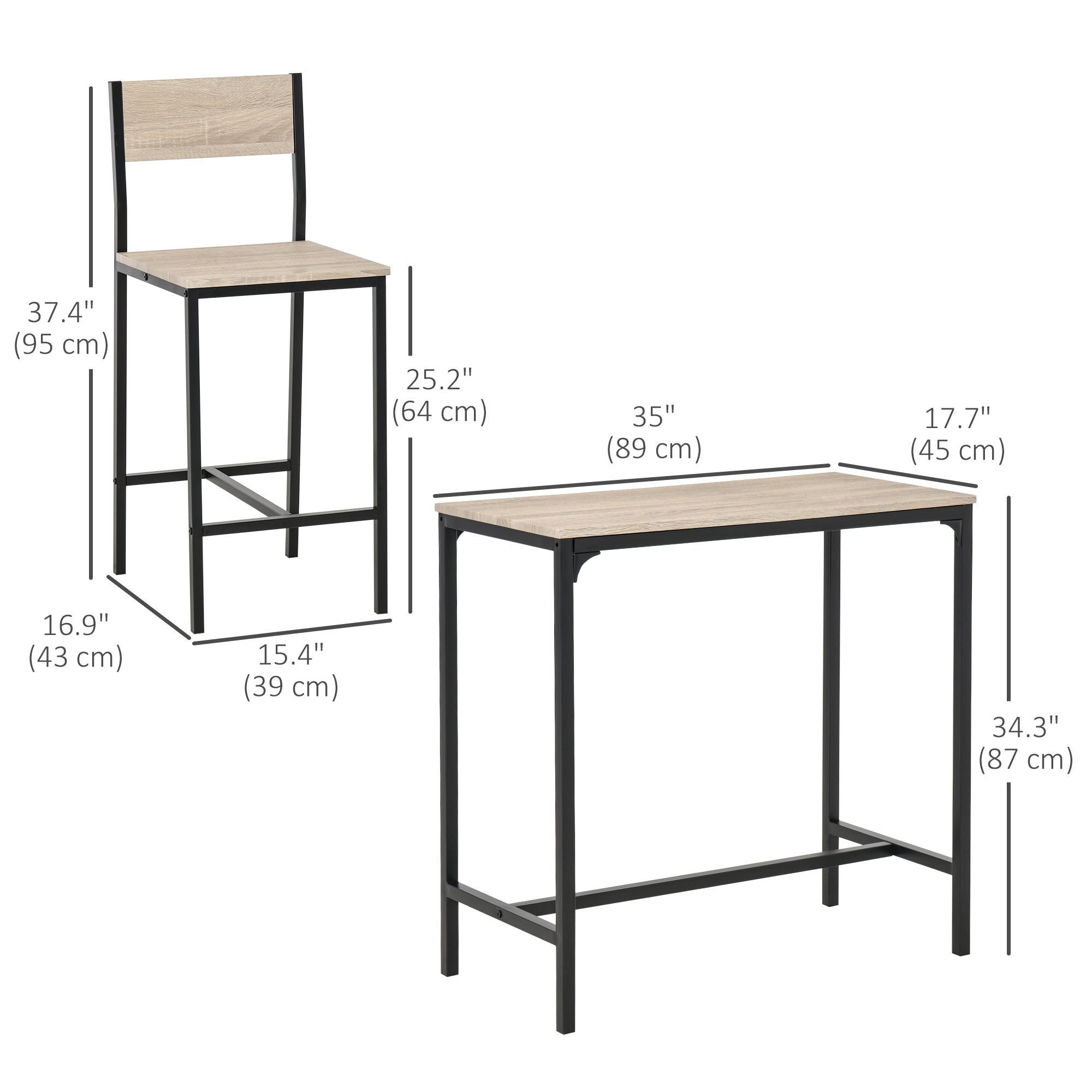 HOMCOM Industrial 3 Piece Dining Set Counter Height Table and High Back Stools for Small Spaces 