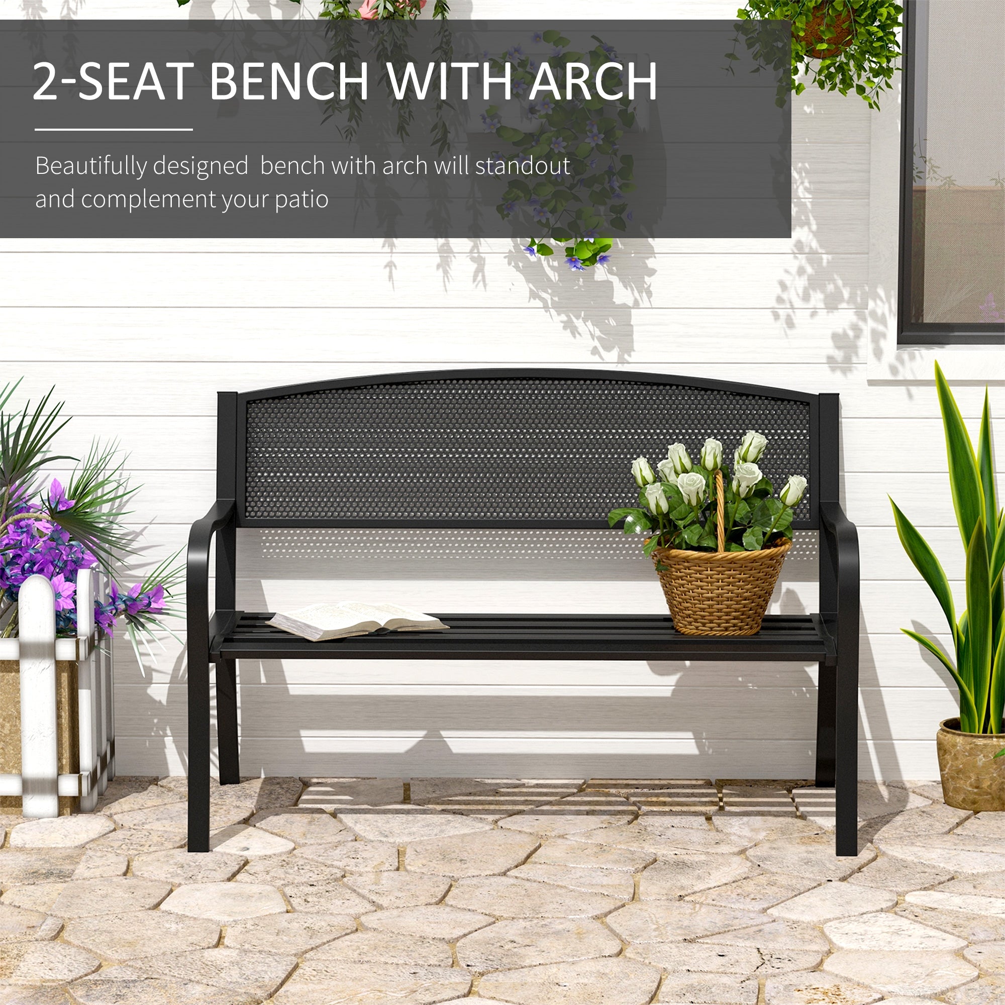 Outsunny 50" Steel Garden Bench Outdoor Patio 2-Person Park Seat Loveseat Black 