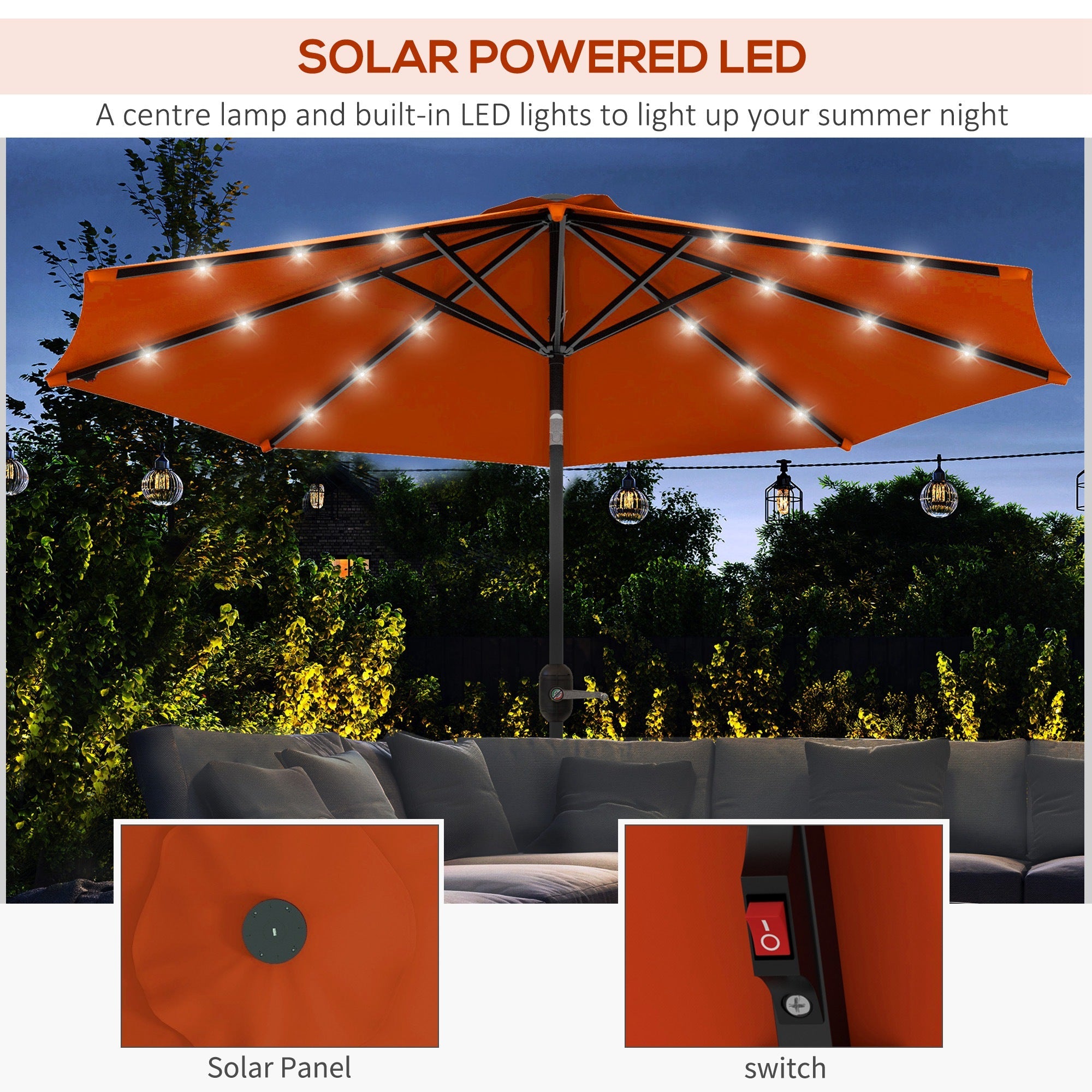 Outsunny 9ft Solar Patio Umbrella Outdoor Sunshade 24 LED Lights Tilt Canopy Orange 
