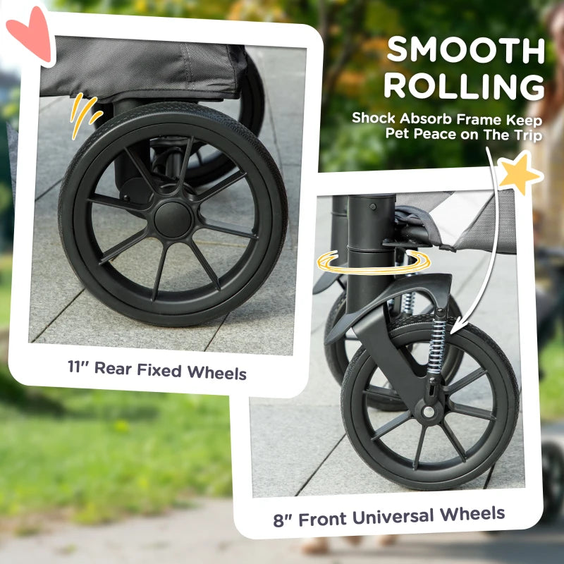 Foldable Pet Stroller for Large Dogs with Four Big Wheels, Shock-Absorbing Frame, Safety Leashes, Brakes, Dark Grey