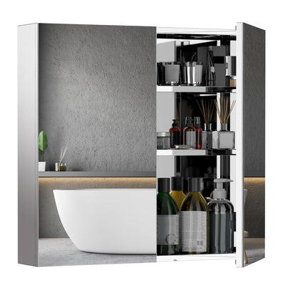 HOMCOM Wall Mounted Mirror Bathroom Medicine Cabinet 2 Doors 3-Tier Shelving Silver 