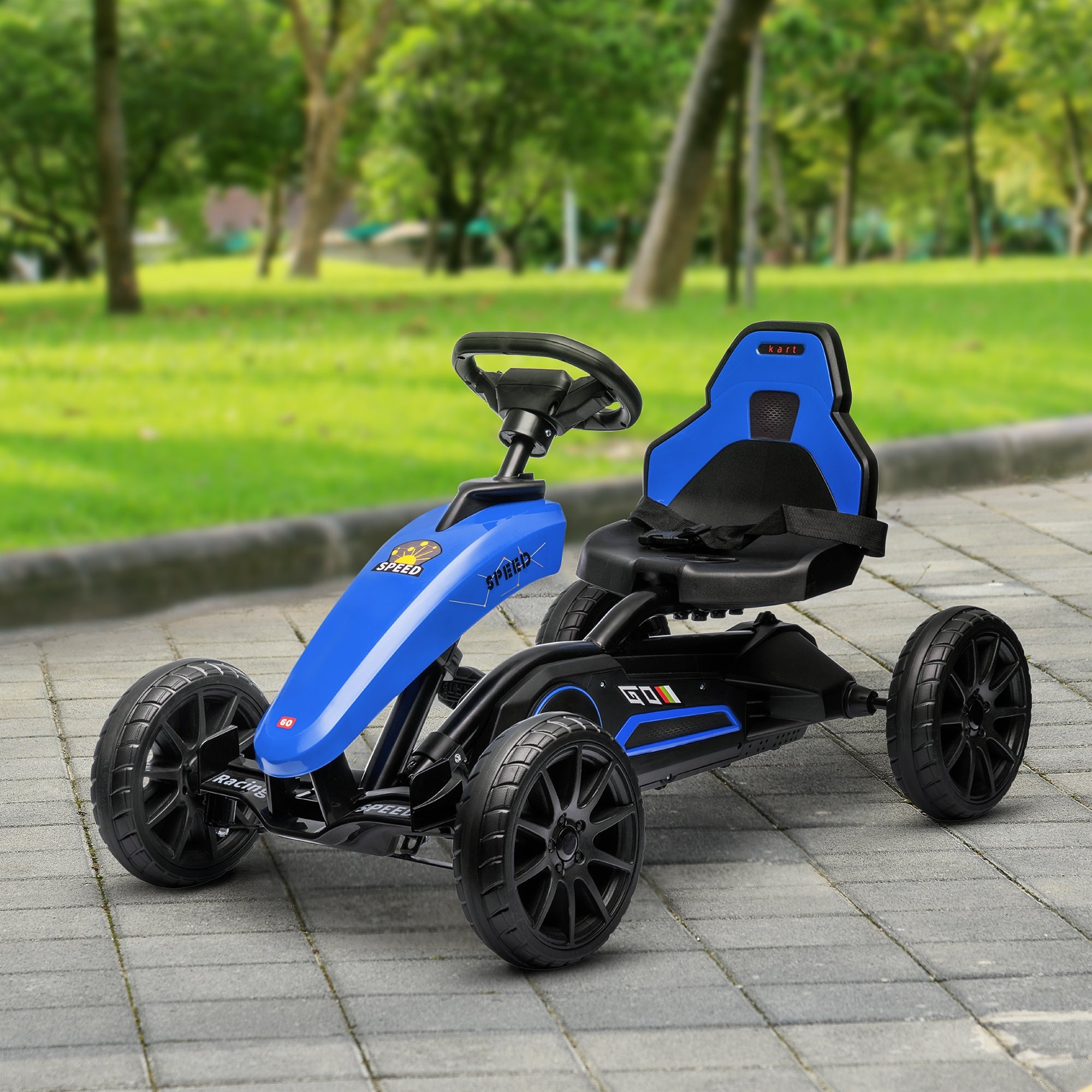 Aosom Kids Pedal Go Kart with Adjustable Seat Swing Axle Handbrake Blue EVA Wheels Foot Racer 