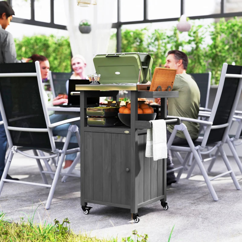 Grill Table with Stainless Steel Top, Pizza Oven Table with Storage Cabinet, Spice Rack, Wheels, Handle, Dark Grey