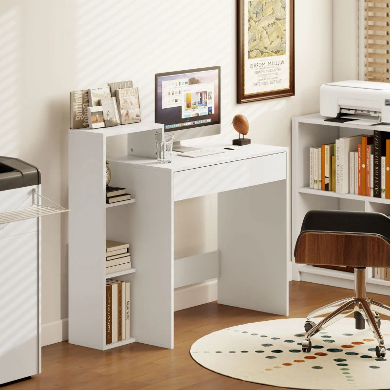 Desk with Storage, Computer Desk with 3 Open Shelves and Drawer White