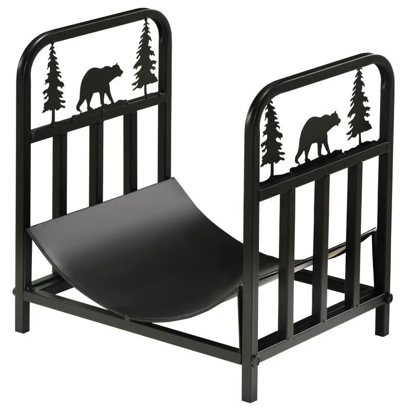 Curved Firewood Rack with Bear and Pine Tree Design, 17 Inch Log Holder Storage Rack with 110 lbs. Capacity, Black