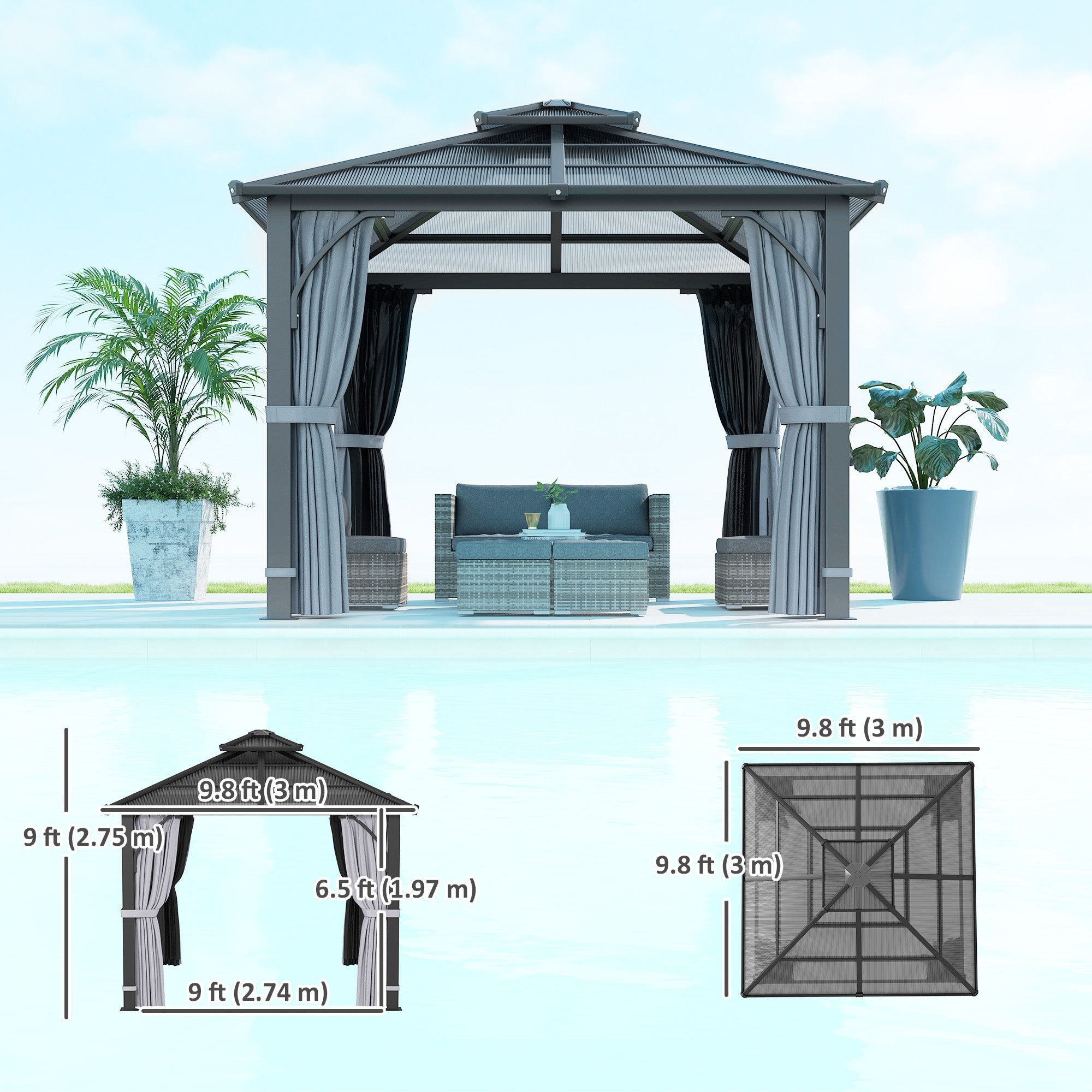 Outsunny 10' x 10' Hardtop Gazebo with 7mm Double Polycarbonate Roof, Outdoor Gazebo with Netting and Curtains 
