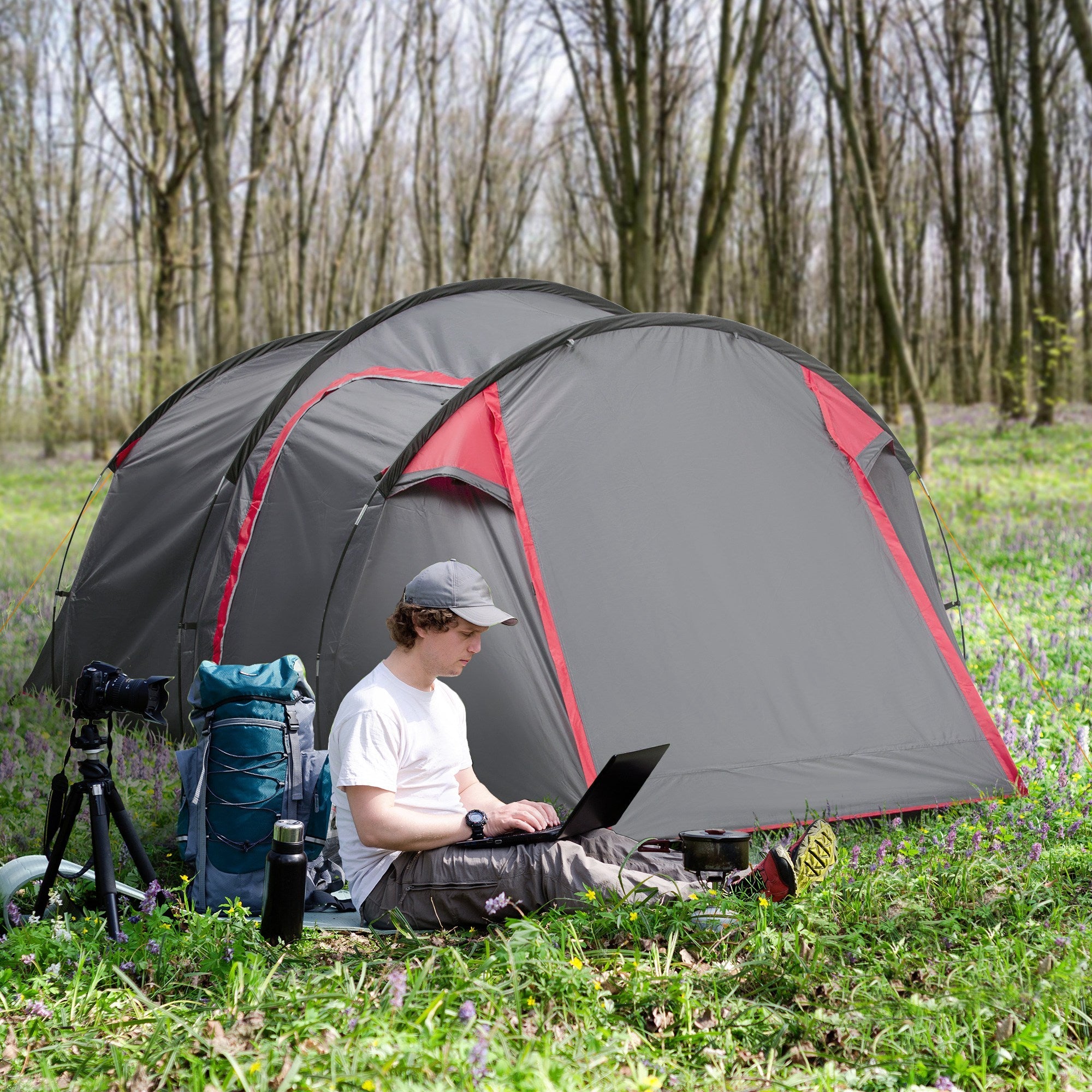 Outsunny Pop Up Camping Tent for 2-3 Person with Screen Room Zippered Doors Carry Bag for Outdoor Fishing Hiking Dark Grey 
