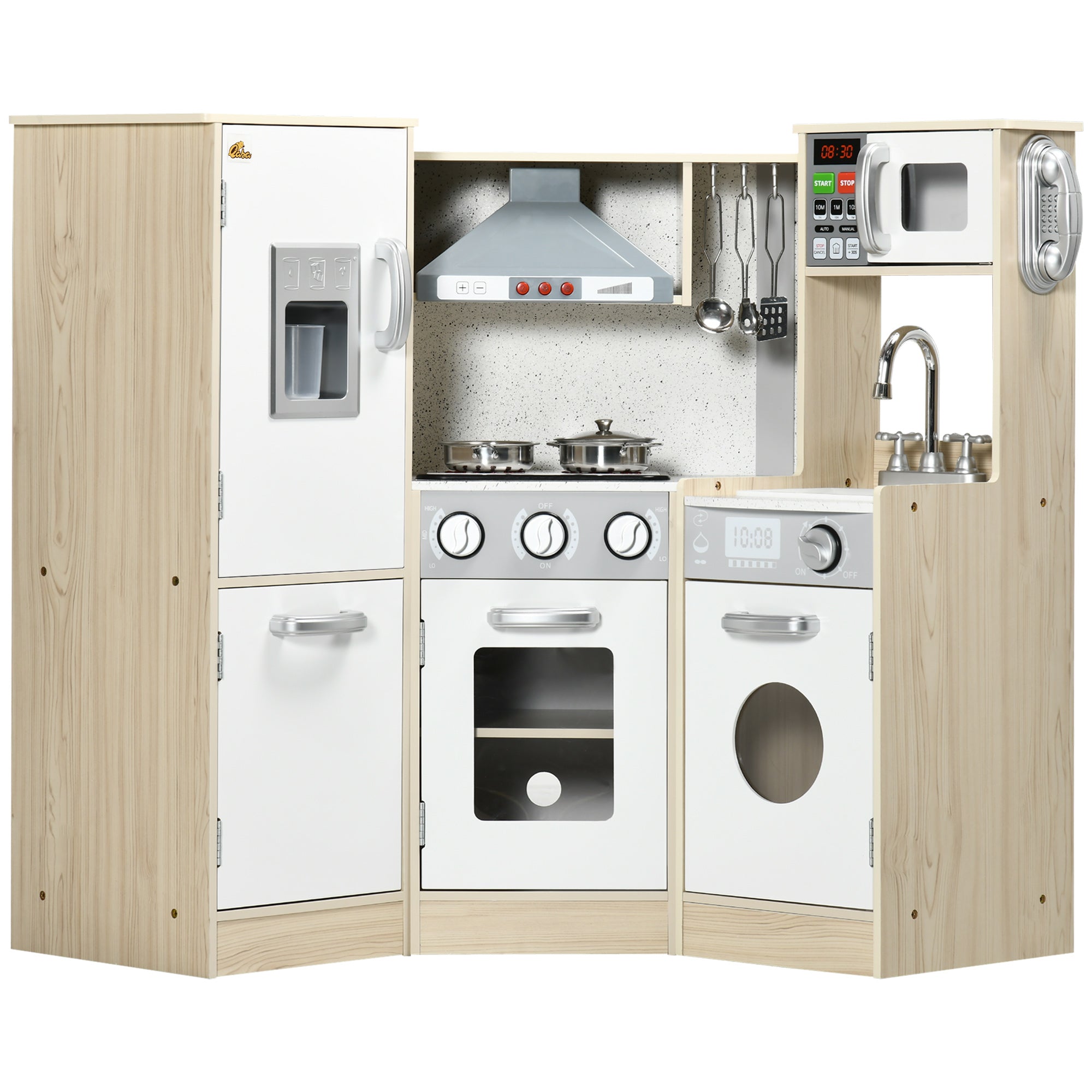 Qaba Deluxe Wooden Kitchen Playset for Kids - Interactive Corner Design with Lights, Sounds, Play Phone, Ice Maker, and More 