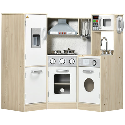 Qaba Deluxe Wooden Kitchen Playset for Kids - Interactive Corner Design with Lights, Sounds, Play Phone, Ice Maker, and More 