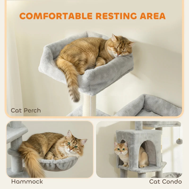 Cat Tree, 70" Multi-Level Cat Tower with 2 Condos, 2 Beds, Hammock, Toy Balls, Scratching Posts and Board, Light Grey