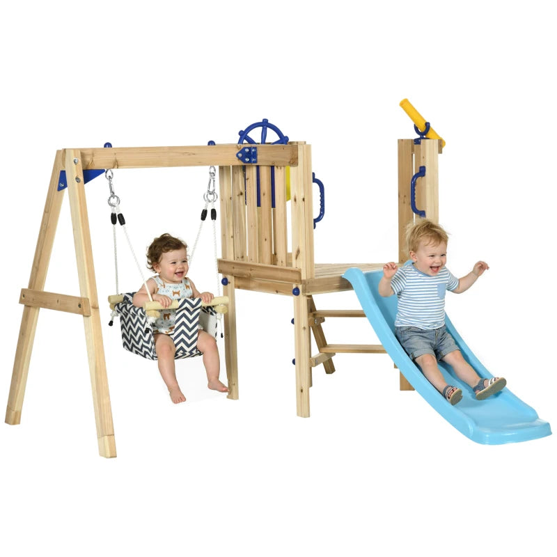 Wooden Kids Swing Set with Slide, Swing Seat, Captain's Wheel, Telescope, for Ages 18-48 Months, Natural