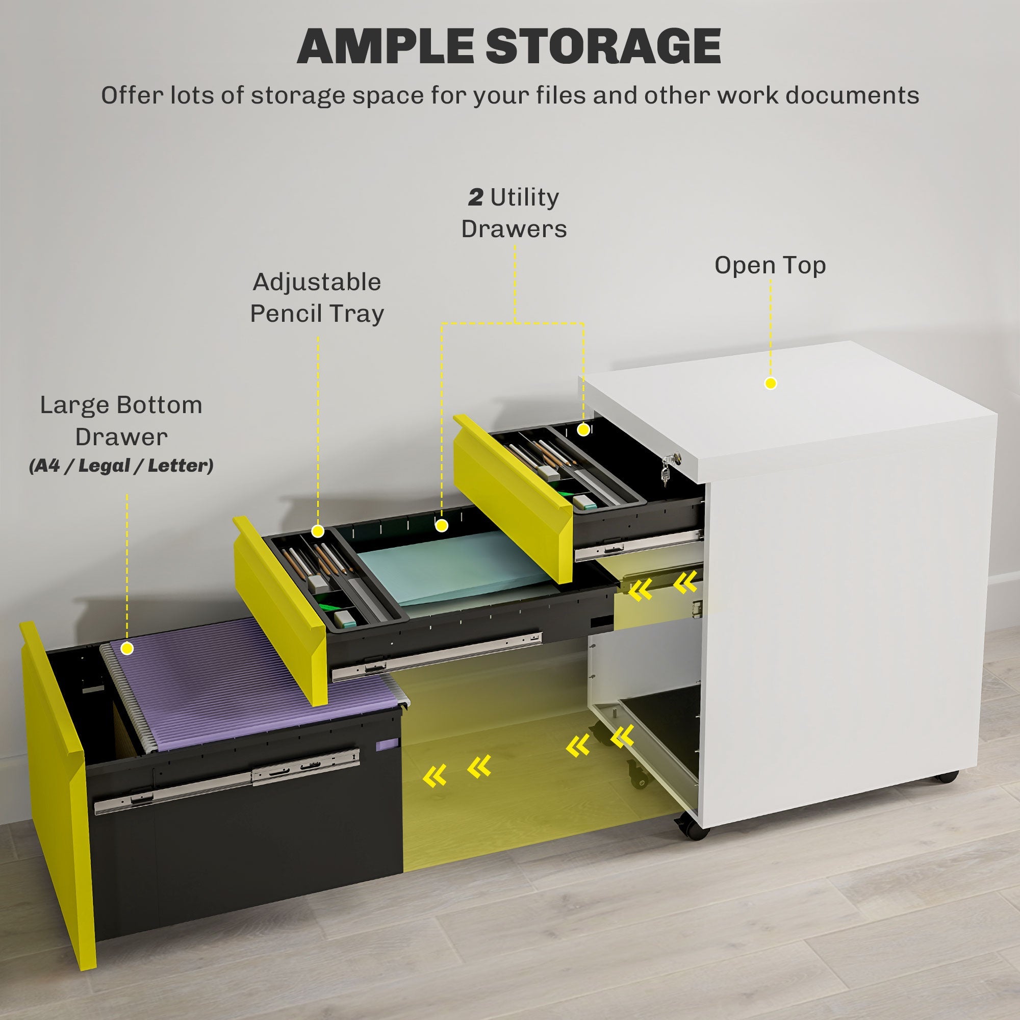 Vinsetto 3 Drawer Lockable Filing Cabinet on Wheels for Legal Letter A4 Files Yellow 