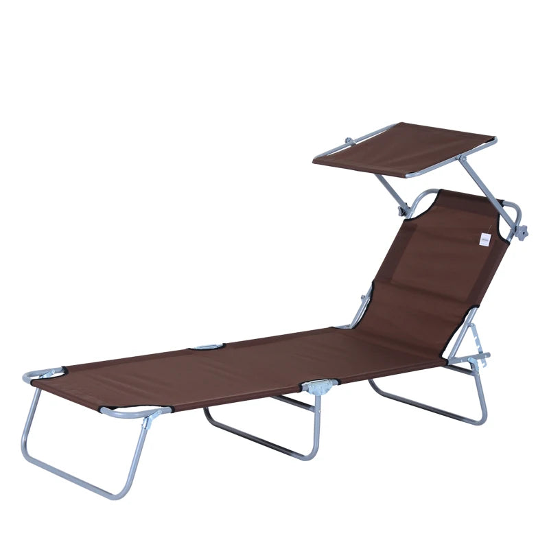 Outdoor Lounge Chair, Adjustable Folding Chaise Lounge,  Tanning Chair with Sun Shade for Beach, Camping, Hiking, Backyard, Brown