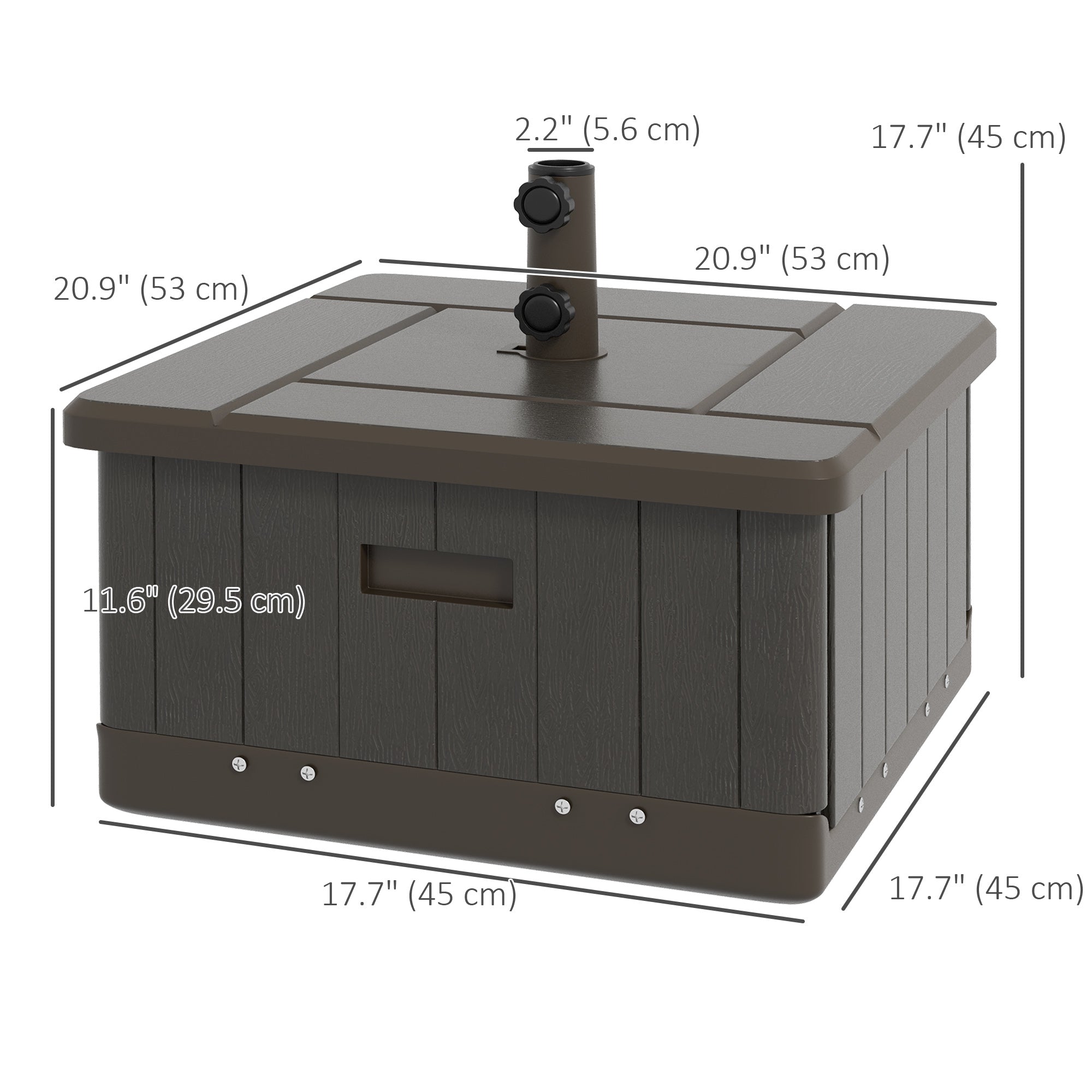 Outsunny 3-in-1 Outdoor Umbrella Base with Wheels and Handles, End Table, Flower Box Planter with Hole, 176 lbs. Capacity, Brown 
