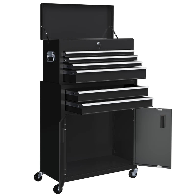 6-Drawer Rolling Tool Chest, 2 in 1 Lockable Storage Cabinet with Hooks, Metal Tool Box for Garage, Workshop, Black