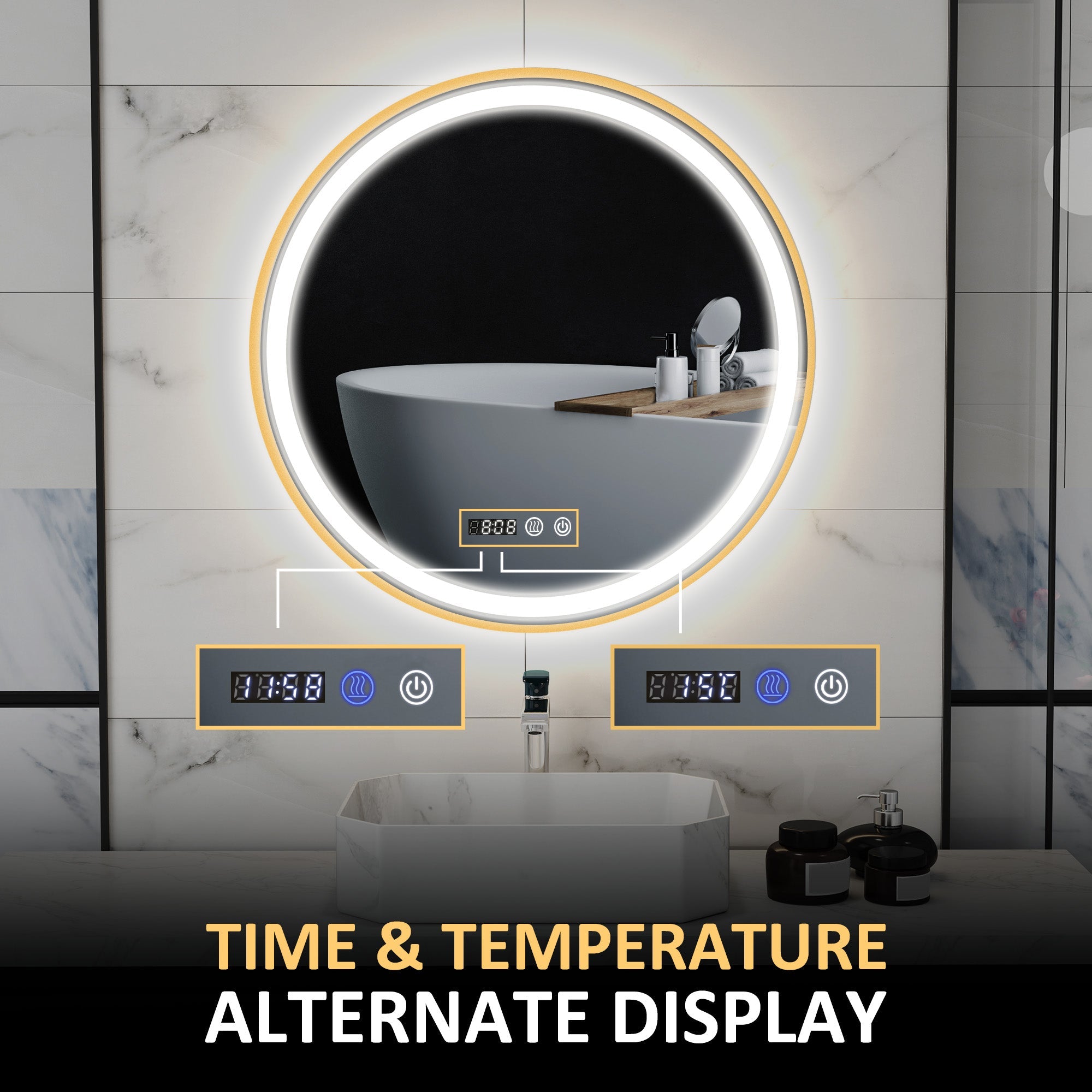 HOMCOM 28" Round Bathroom Mirror with LED Lights, Wall Mounted Vanity Mirror with Anti-Fog Pad, Time and Temp Display, Gold 