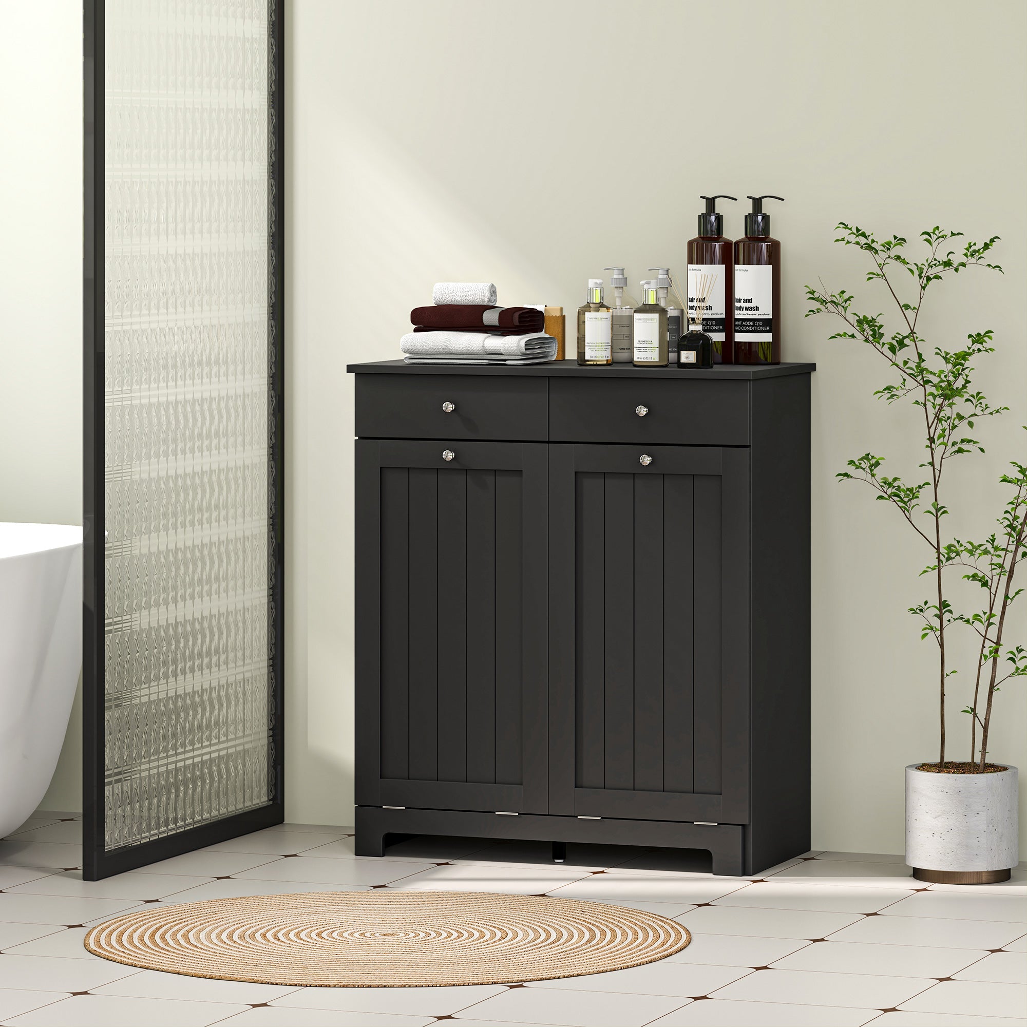 HOMCOM Laundry Cabinet, Tilt Out Laundry Hamper Cabinet with 2 Baskets, Bathroom Hamper Cabinet with 2 Drawers, Black 