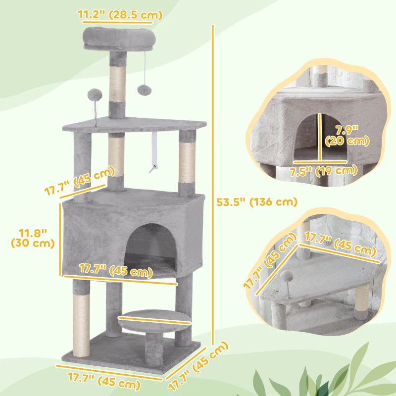 54 Inch Cat Tree with Large Condo, Top Perch, Sisal Scratching Posts, Dangling Toy Ball,Light Grey