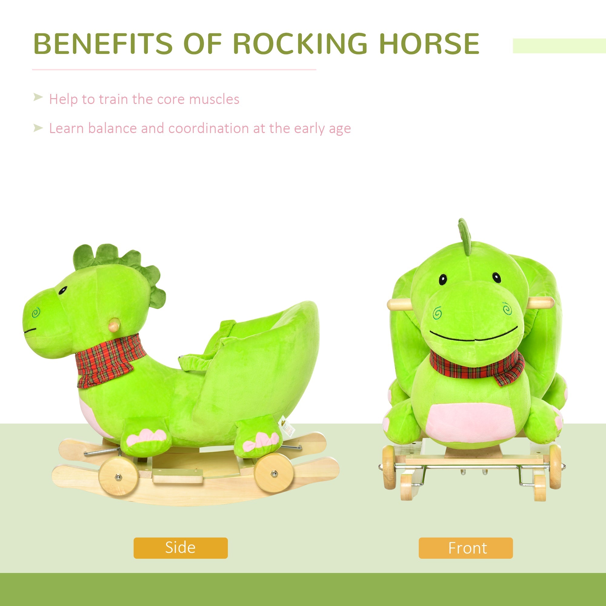 Qaba 2-in-1 Plush Ride-On Rocking Dinosaur Stroller with Nursery Rhymes Green for 18+ Months 