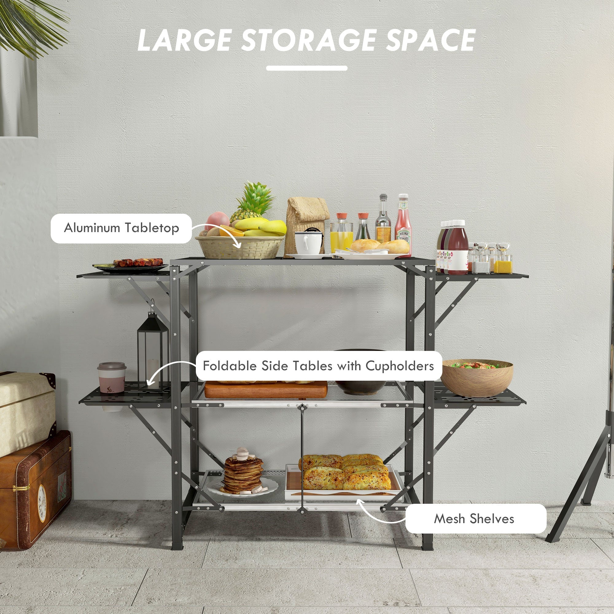 Outsunny Aluminum Folding Camping Kitchen Cook Station Carrying Bag 4 Side Tables 2 Shelves BBQ RV Picnic Black 