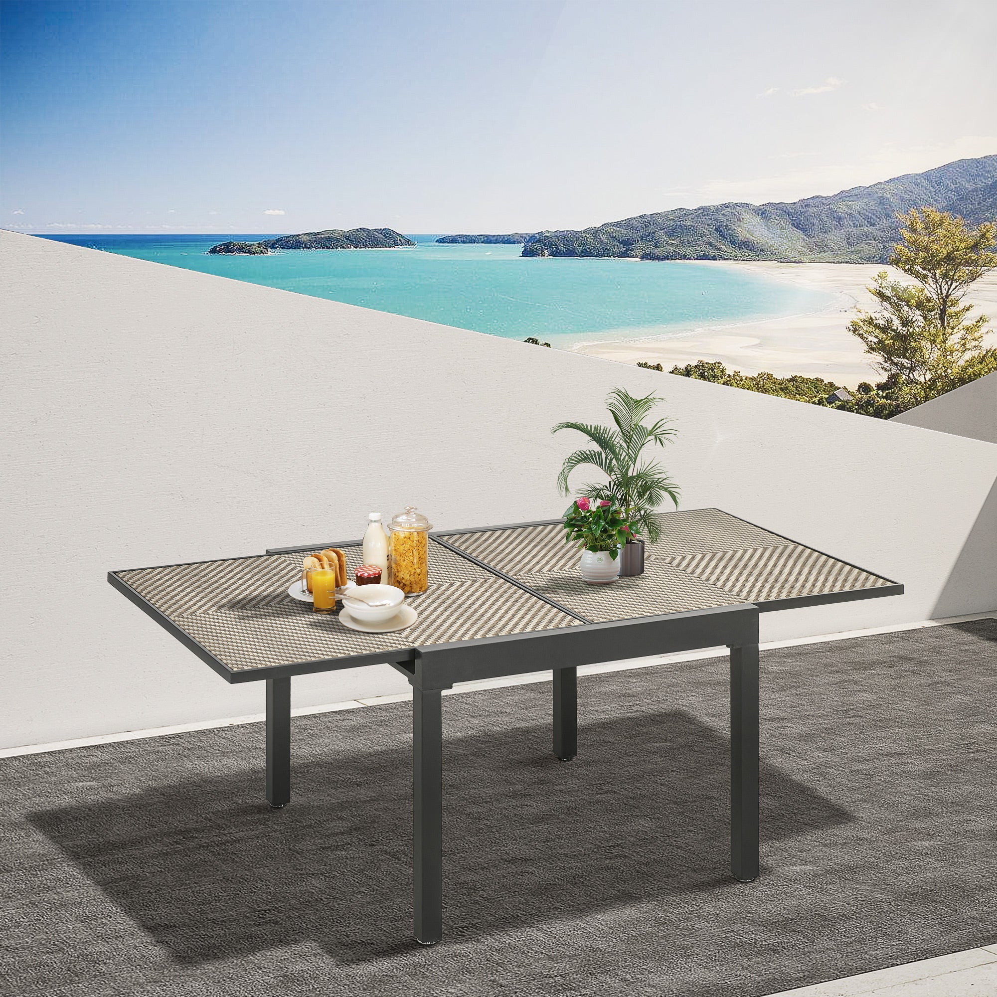 Outsunny Extendable Rattan Dining Table Patio Aluminum Frame Retractable Mixed Brown 90/180 x 90 cm 