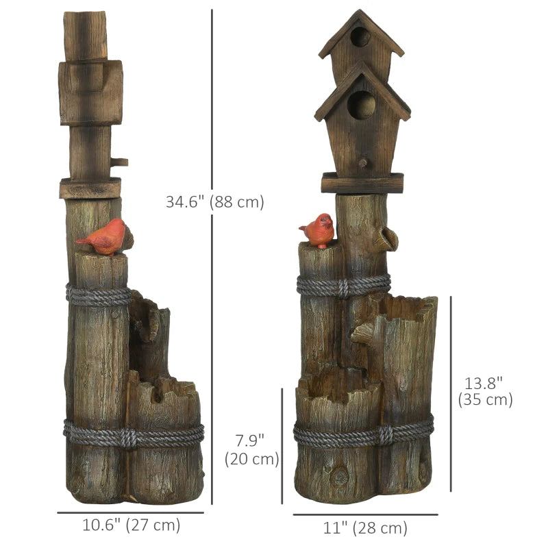 Outdoor Fountain, Garden Waterfall with Birdhouse, 3-Tier Tree Trunk Design, LED Lights for Porch, Deck, Yard, Brown