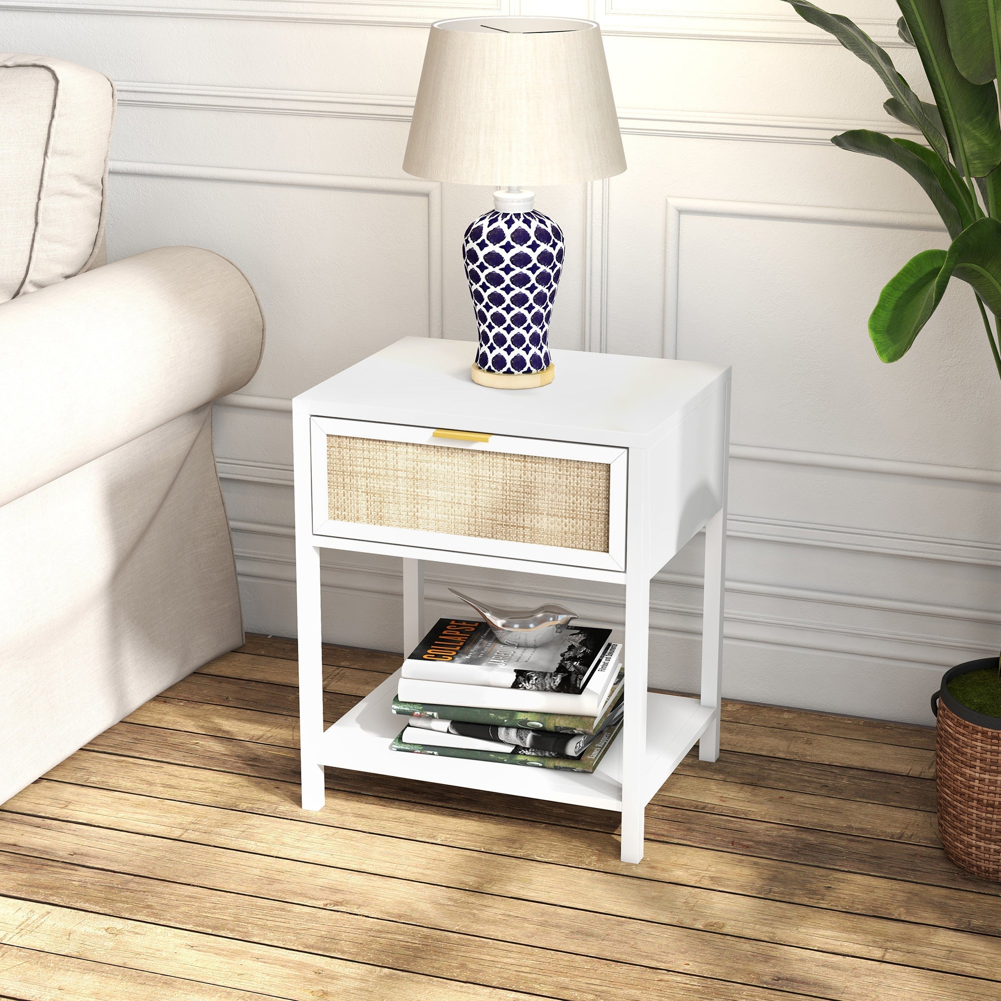 HOMCOM Rustic Retreat: Nightstand with Rattan Drawer and Open Shelf, Farmhouse Bedside Table for Bedroom and Living Room 