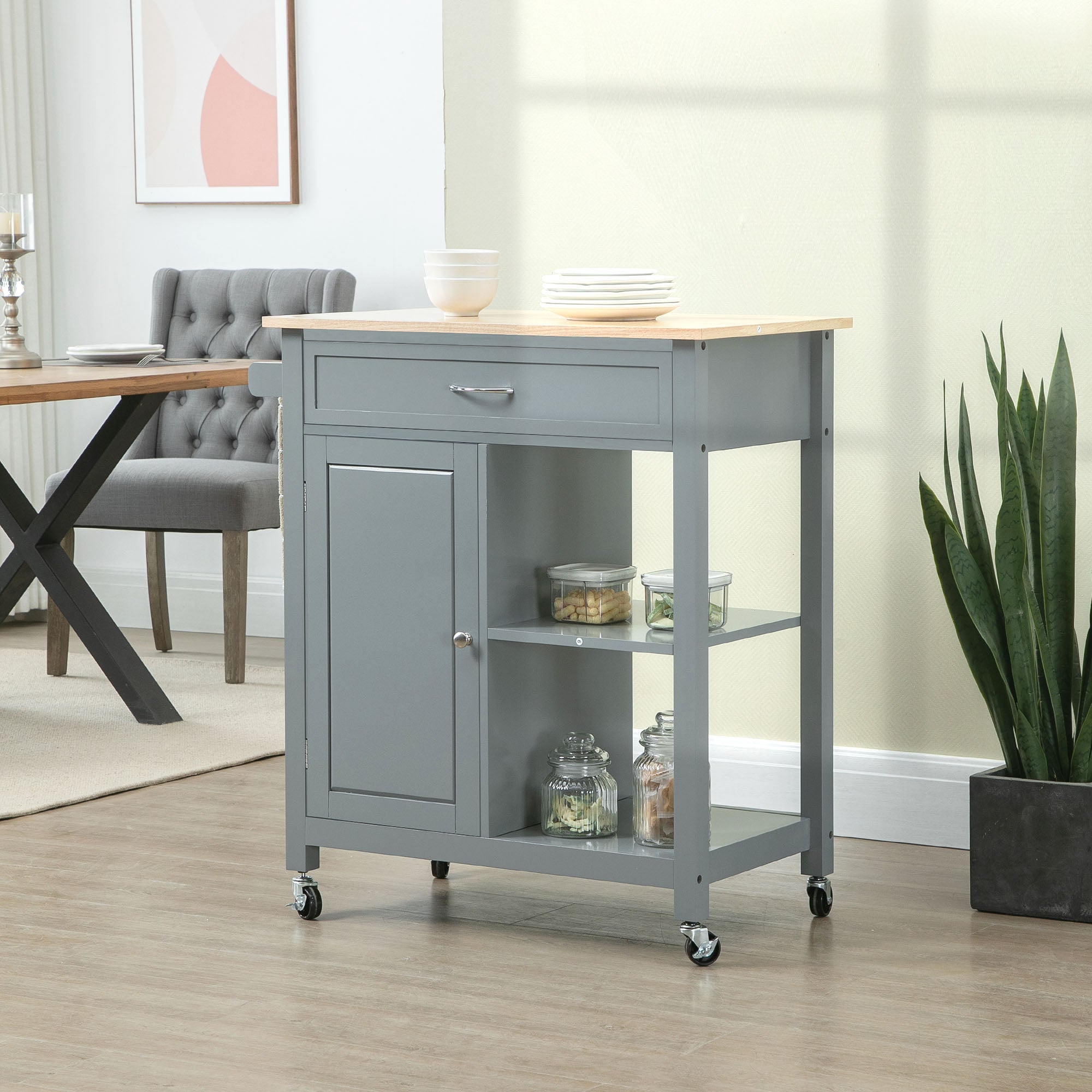 HOMCOM Kitchen Cruiser: Rolling Island Cart with Wood Top, Storage Drawer, Grey for Dining Room Mobility 