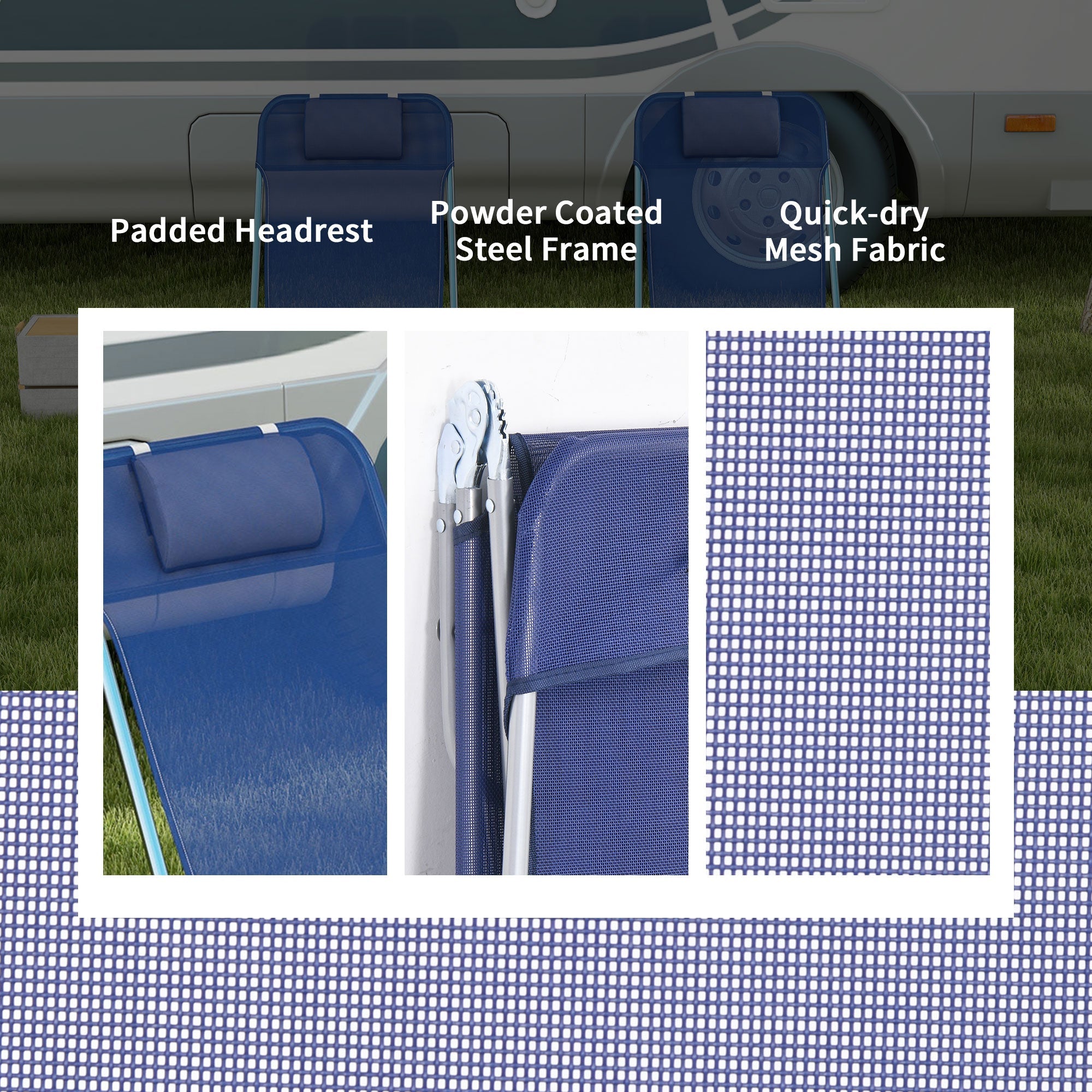 Outsunny Set of 2 Folding Chaise Lounge Chairs, Outdoor Poolside Sun Tanning Chairs w/ Pillow, Reclining Backrest, Dark Blue 