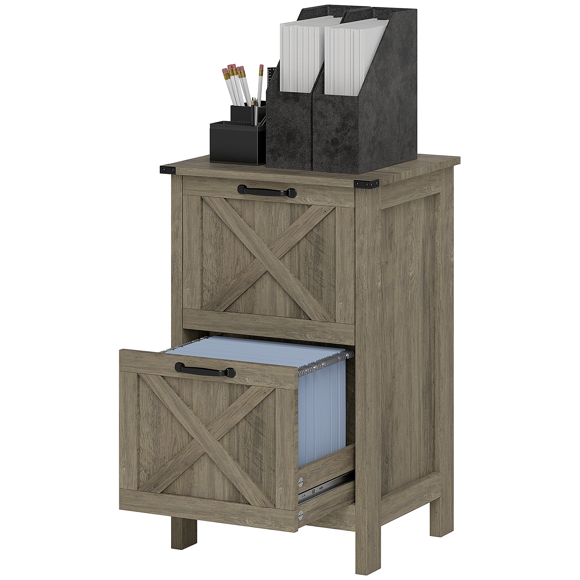 HOMCOM Vertical Filing Cabinet with 2 Drawers, Rustic Farmhouse Office Storage Cabinet for A4, Letter Size, Grey Wash 
