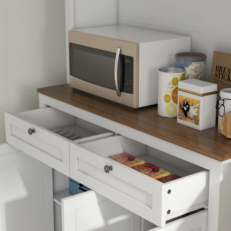 71" Pantry Cabinet with Microwave Space, Kitchen Cabinet with Hutch, 2 Drawers, Adjustable Shelves, Glass Doors, White